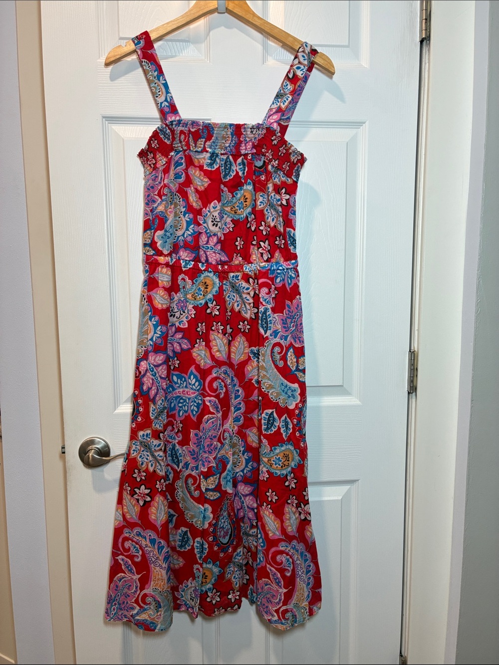 Talbots Red Paisley Maxi Sundress with Smocked Bodice